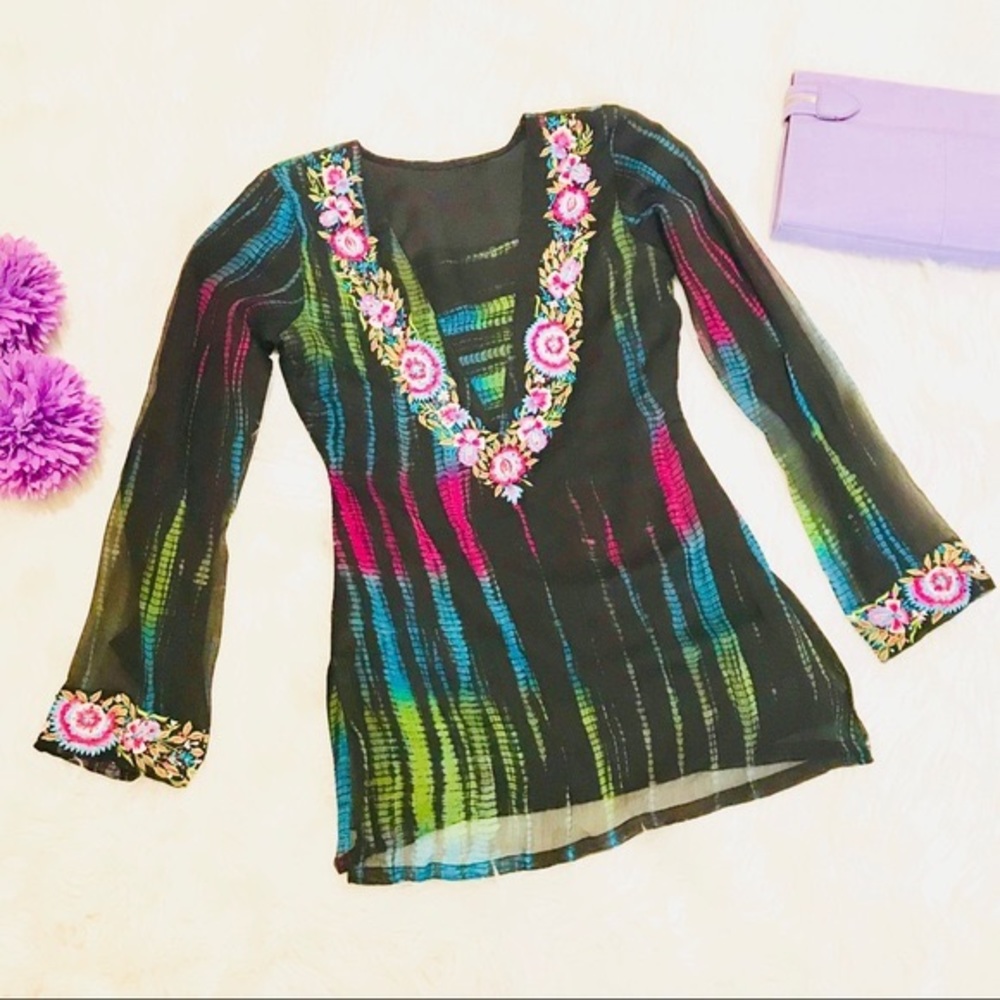 Handmade Silk Embroidered Tunic Blouse Colorful Boho Size Small Festival Artsy - Picture 12 of 12